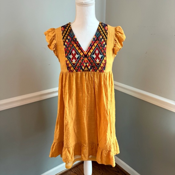 THML Dresses & Skirts - THML Mustard Embroidered Boho Babydoll Dress | Aztec Tribal Embroidery Small